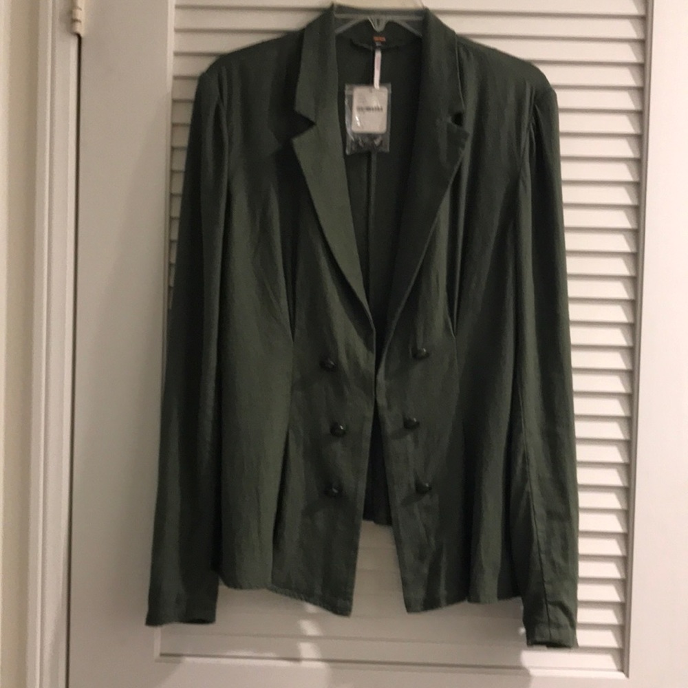 Free People Green Linen Double Breasted Jacket